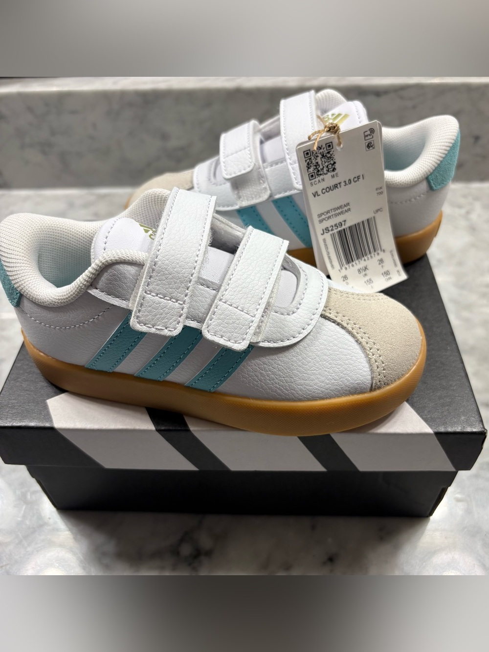 adidas VL Court 3.0 CF I Kids Sneakers White/Blue Gum Strap Shoe Size 9K JS2597